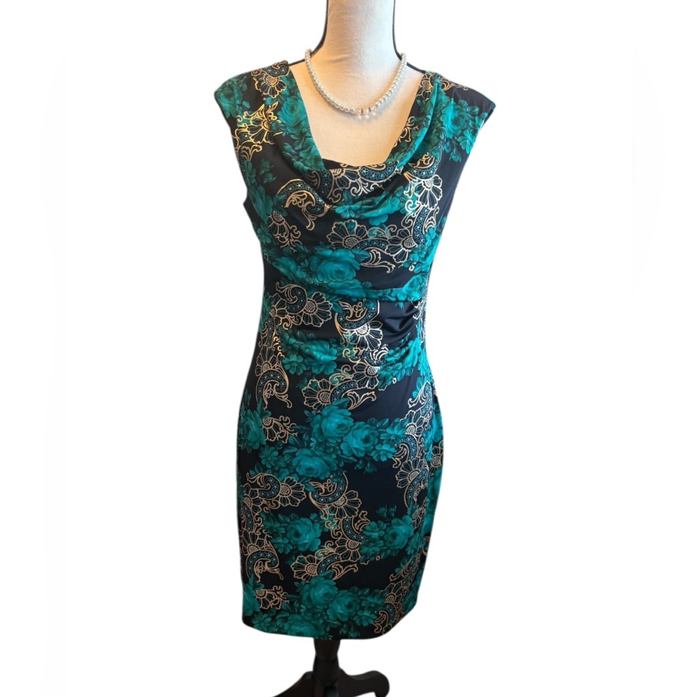 NWT Connected Apparel Elegant Floral Black and Teal Dress Sz 8